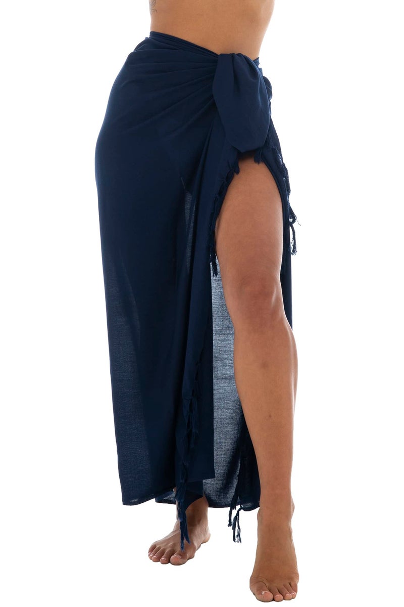 Back From Bali Womens Sarong Wrap Swimsuit Cover Up Solid Navy Blue Beach Pareo Skirt Coconut Clip - Image 1